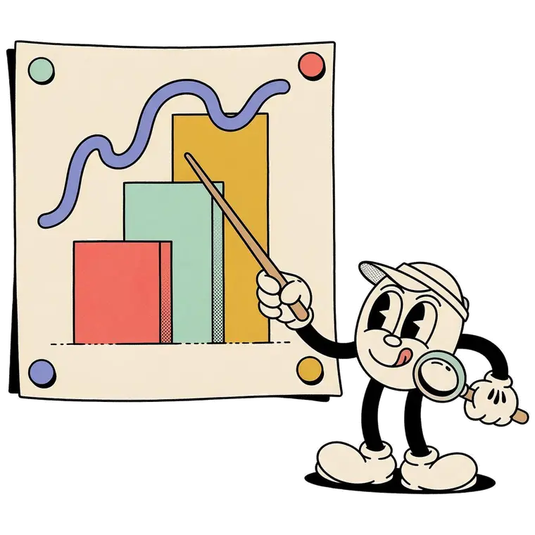 A cartoon character pointing at a large bar chart with a magnifying glass