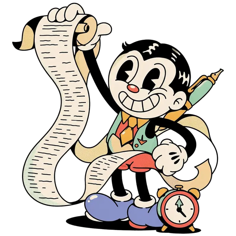 A cartoon accountant holding a long unrolling receipt beside an alarm clock