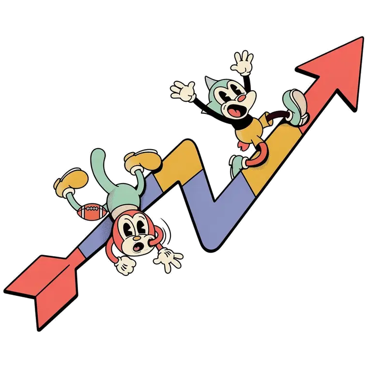 Two cartoon characters riding a zigzag arrow, one rising and one falling