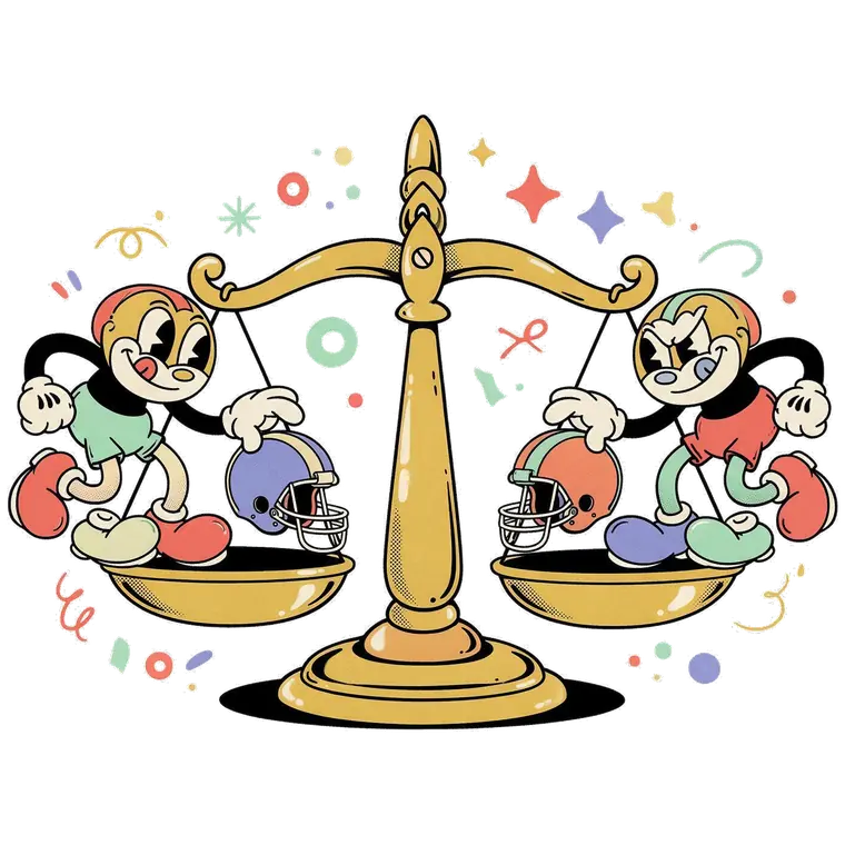 Two cartoon characters weighing football helmets on a brass balance scale